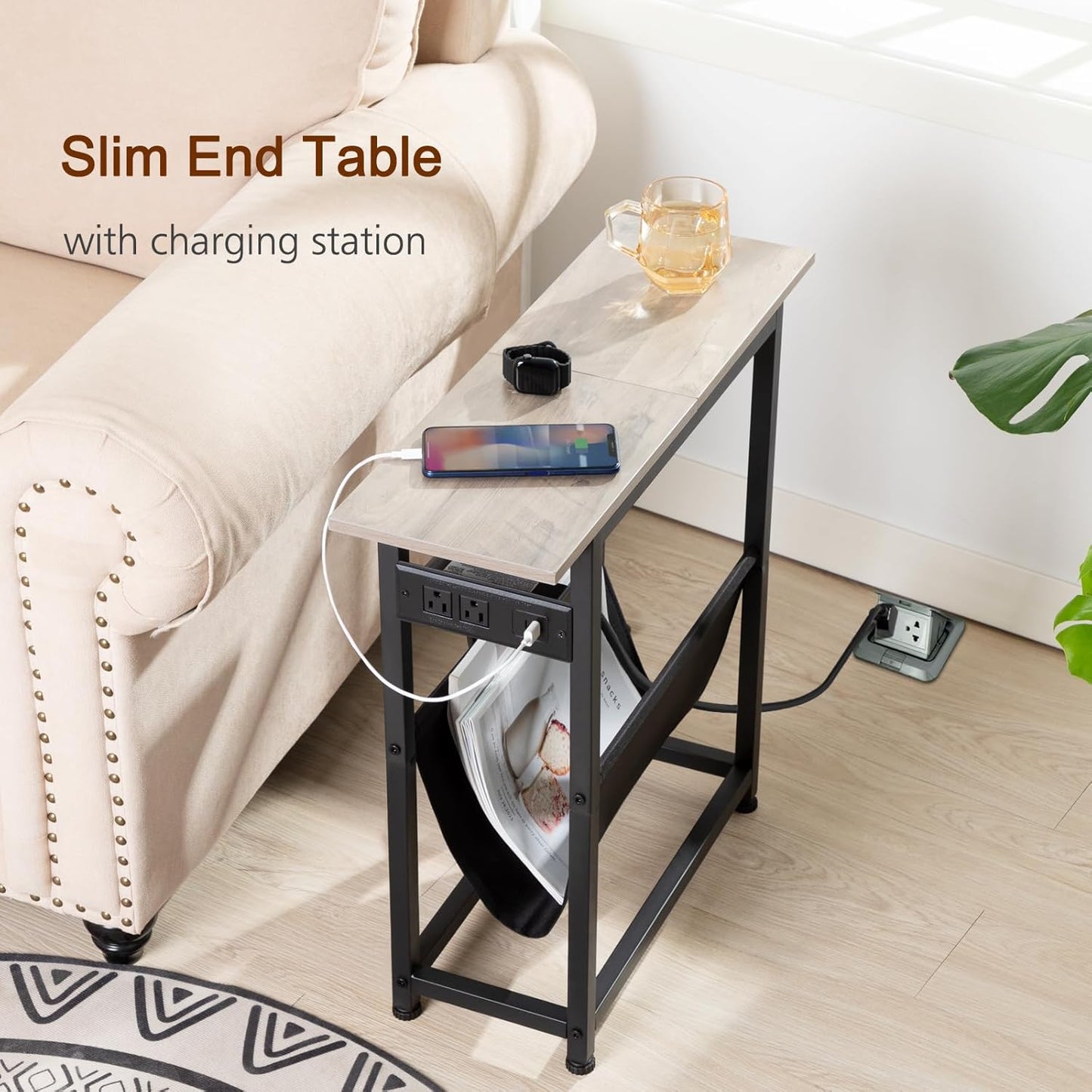 (New Open Box) Narrow Side Table Set of 2, Slim End Table with Charging Station with Magazine Holder HETN02PGY