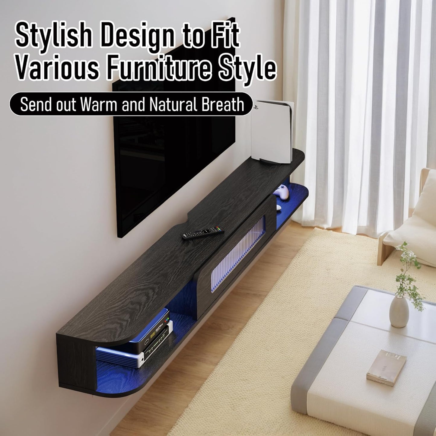 (New Open Box) Bixiaomei Floating TV Stand with LED Lights, 47'' Solid Wood Wall Mounted TV Cabinet with Glass Door, Mid-Century Entertainment Media Console Center Large Storage Shelf Under TV (47.24IN, Black)