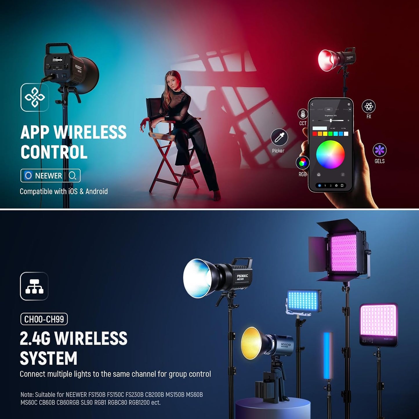 (New Open Box) NEEWER FS300C 300W RGB LED Video Light with App/2.4G Control