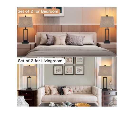 (Brand New)  23-in Black LED Touch Table Lamp Set of 2 | Grey Linen Shade | TD-159