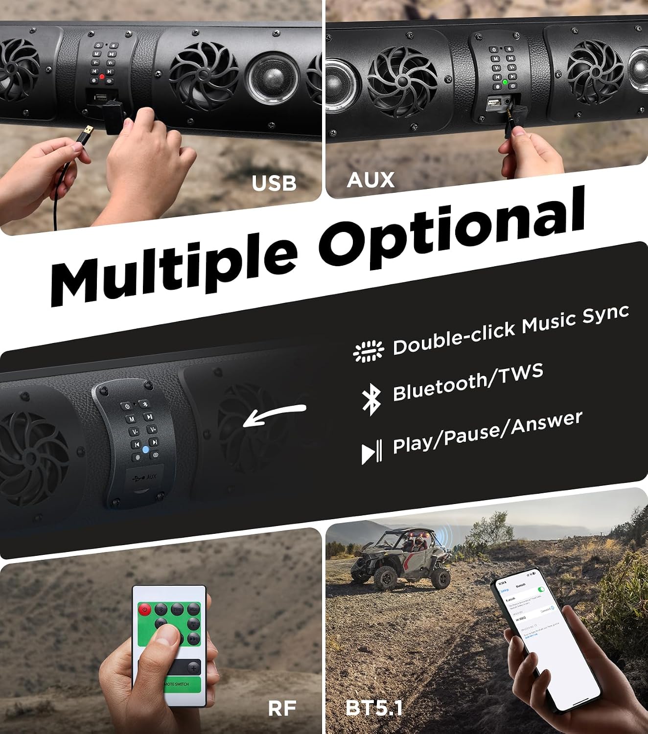 (New Open Box)  Ehaho 27" UTV Sound Bar HK-6802 | 700W • Bluetooth • RGB Lights • Waterproof