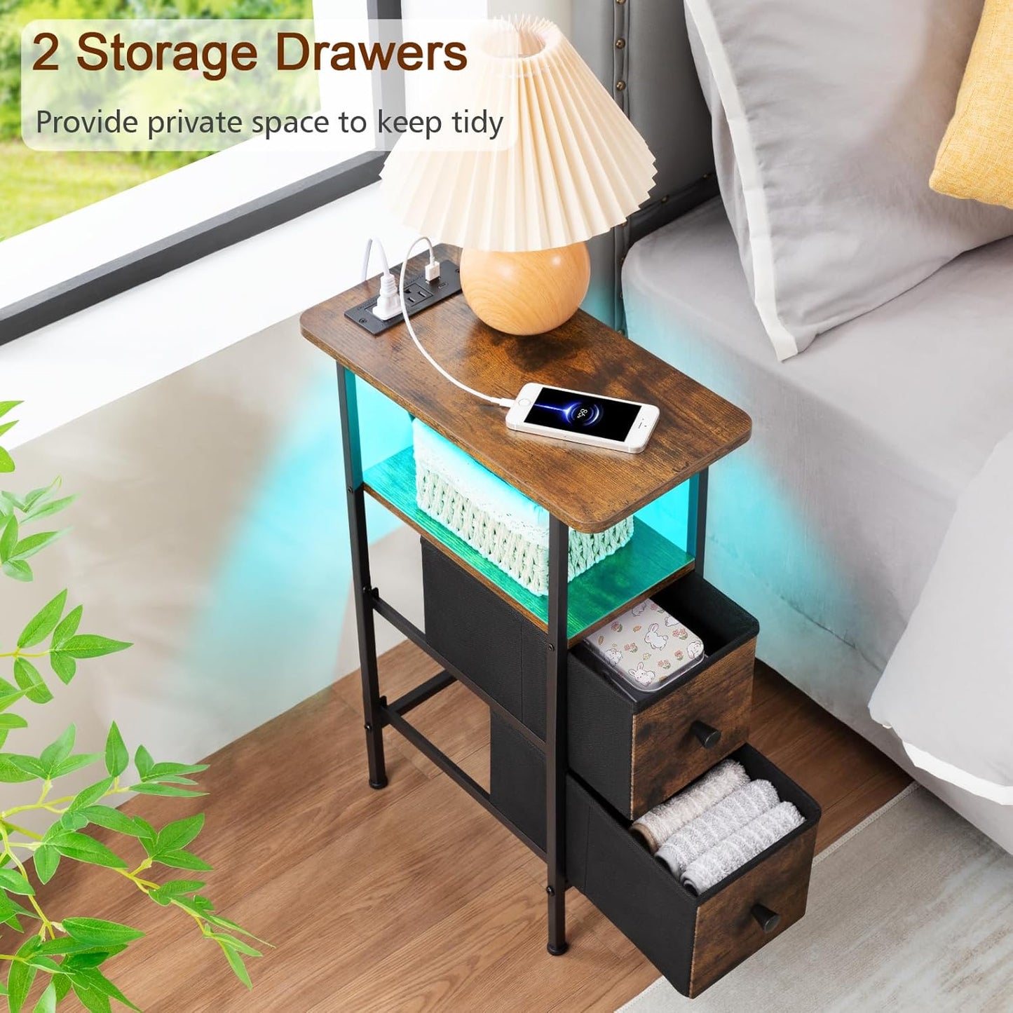 (New Open Box) LOAKEKEL Narrow Side Table with Charging Station, LED Light, Skinny Nightstand with Fabric Drawer, Slim Sofa Table for Bedroom, Small Spaces, Couch, Brown, TETNDP02LBR-1