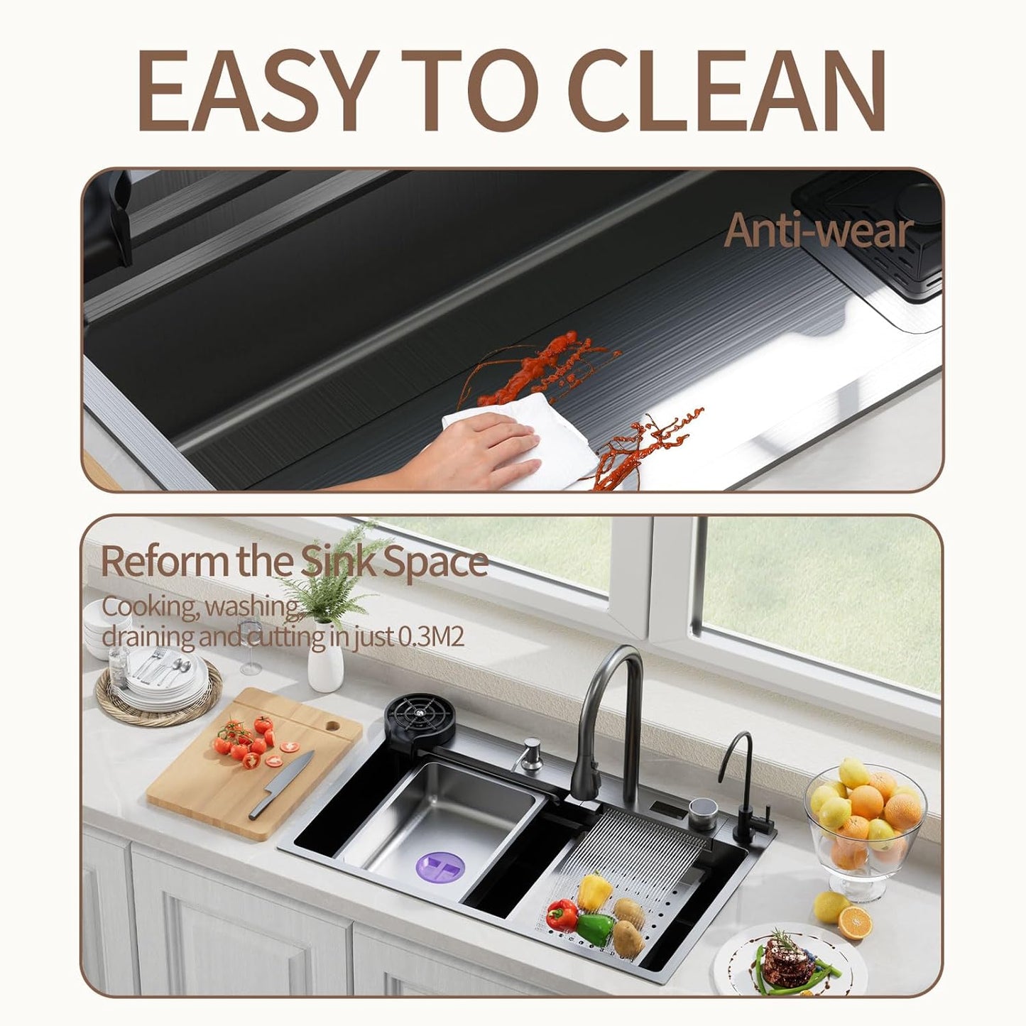 (New Open Box) Muiceon Black-Grey Nano Kitchen Sink with Waterfall 33x19x9 Inch