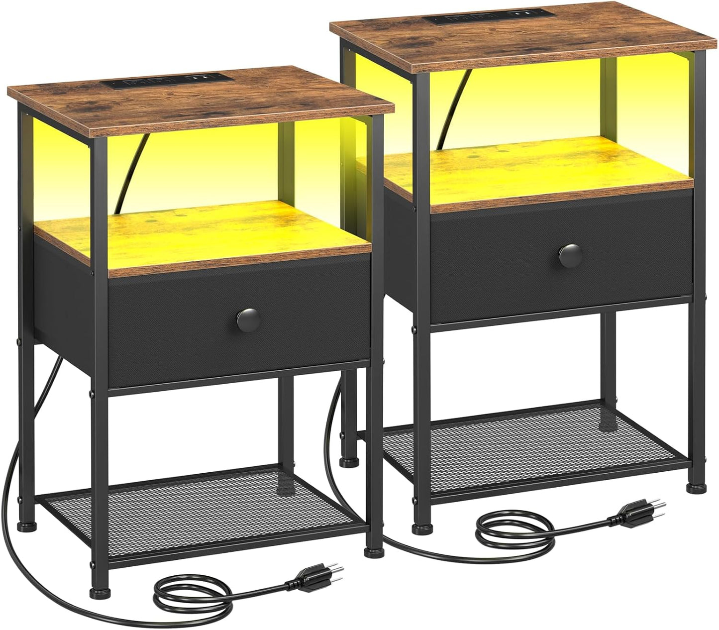 (New Open Box) LOAKEKEL Nightstands Set of 2 with Charging Station, LED Night Stands, HETS01BR (DS0052)
