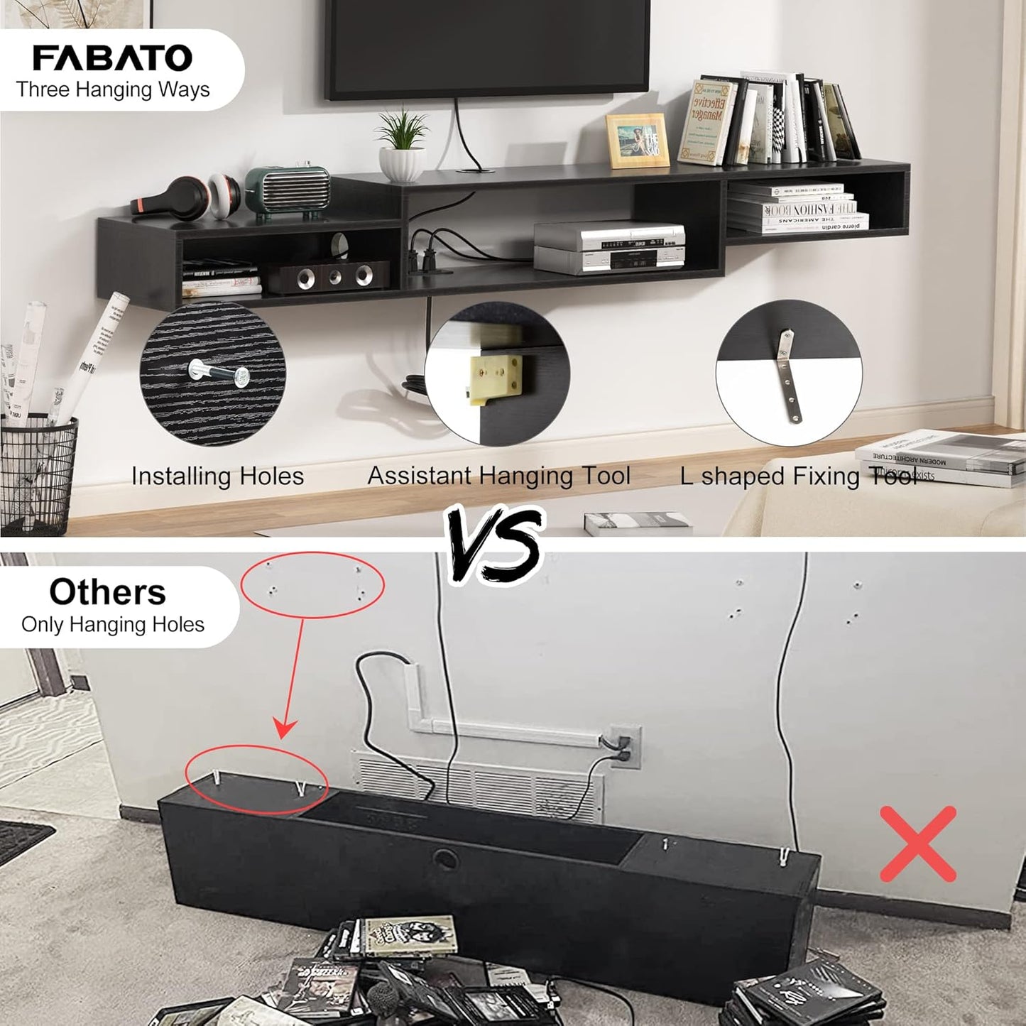 (New Open Box) FABATO 71" Floating TV Stand with Power Outlet Wall Mounted Media Console Cabinet Shelf Under TV for Cable Box Audio Video Black