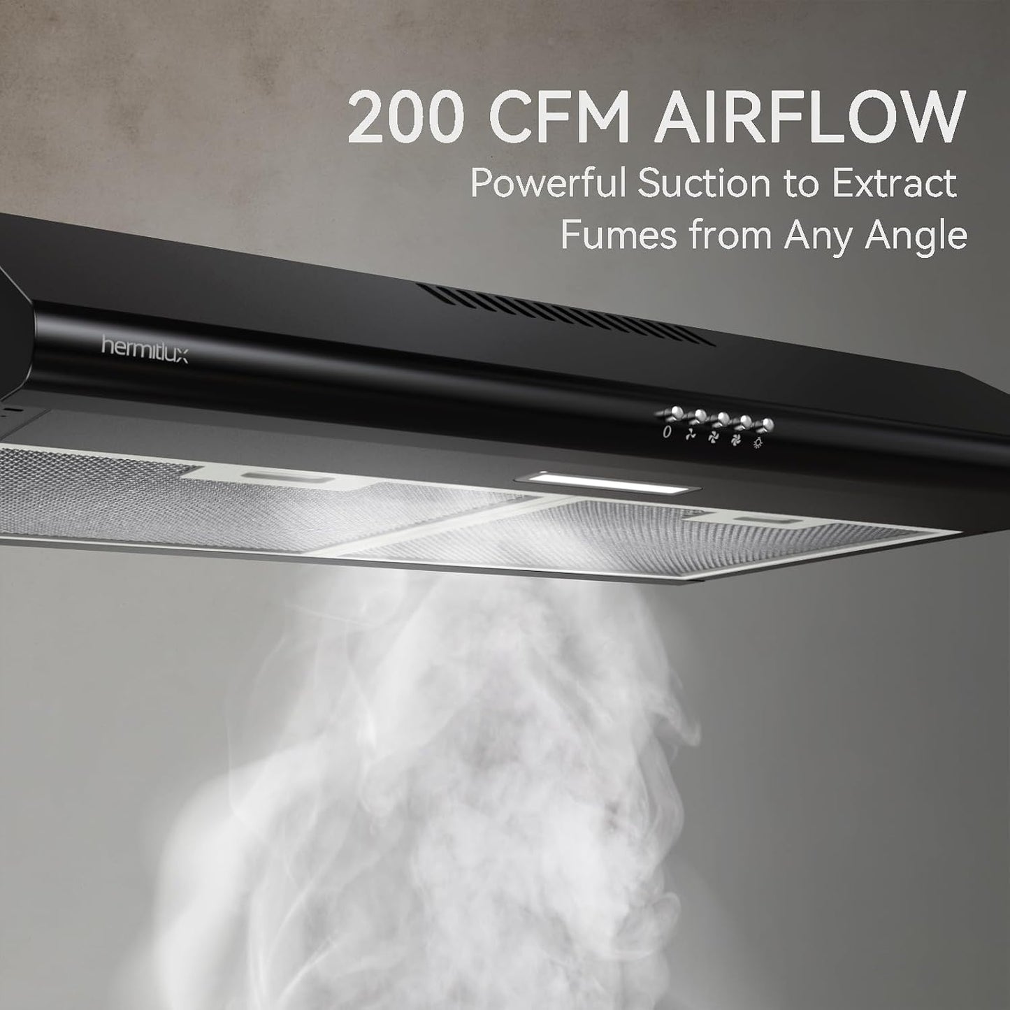 (New Open Box) Hermitlux Under Cabinet Range Hood, 30 inch Black Vent Hood With 3 Speed Exhaust Fan, Ducted And Ductless Convertible, LED Bright Light Bulbs and Charcoal Filter