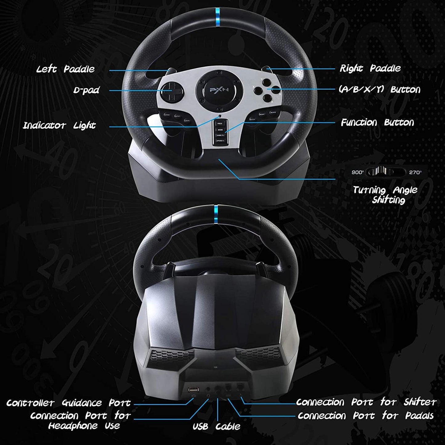(Excellent) PXN V9 PC Game Racing Wheels, 270°/900° Steering Wheel Gaming, USB, Black, 15 Buttons,