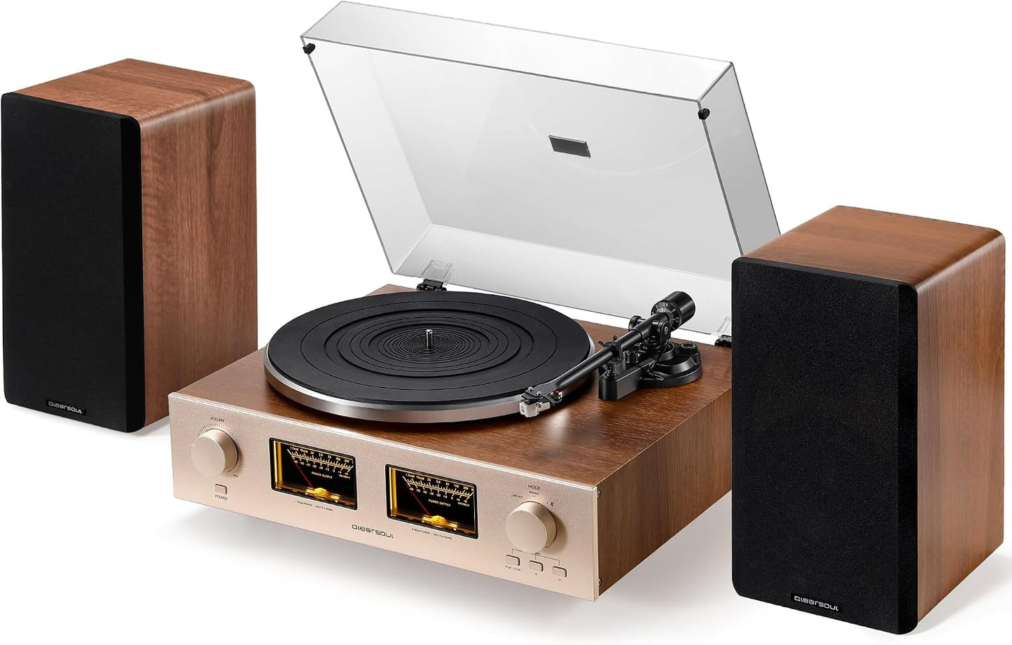 (New Open Box) QLEARSOUL HiFire X Vinyl Record Player, Audiophile HiFi Turntables System with 100W Bookshelf Speakers,VU Meter, DSP Preamp, Support 33/45 RPM, RCA LINE in | Out