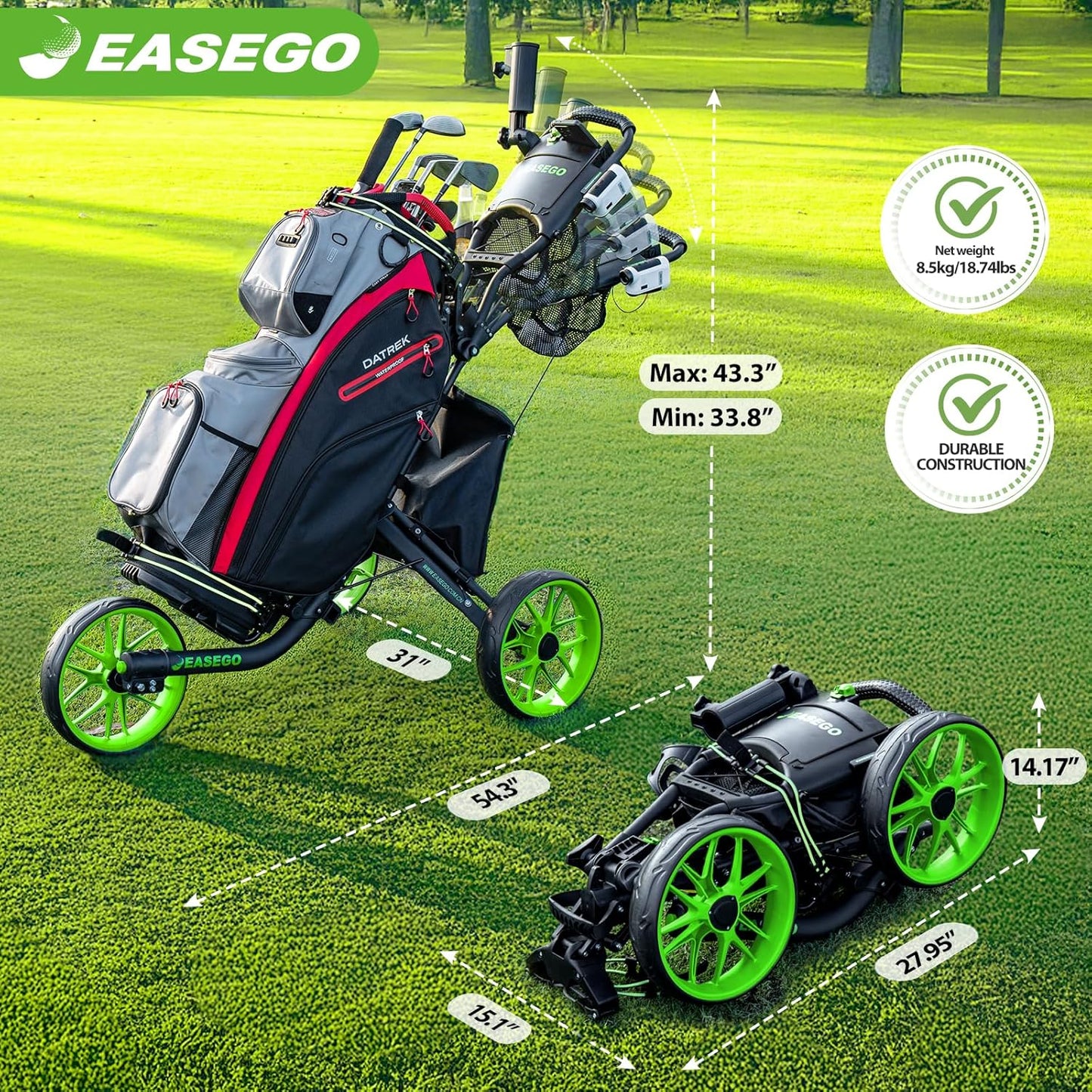 (New Open Box) EASEGO Golf Push Cart 3 Wheel : Golf Caddy Pull Cart, One Click Folding Golf Bag Cart Lightweight