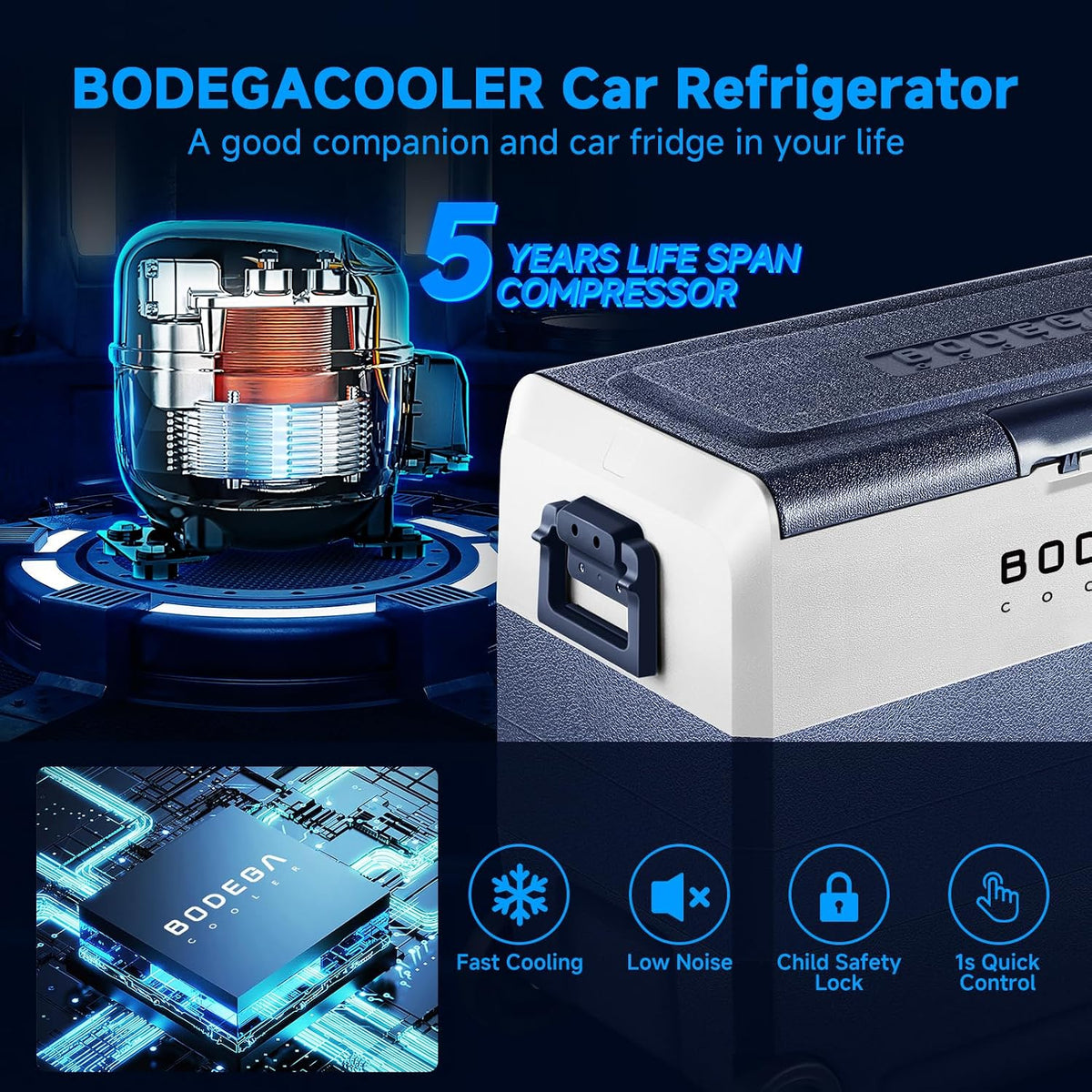 (New Open Box) BODEGACOOLER T60 12V Fridge – 64QT/60L Dual Zone with Wheels
