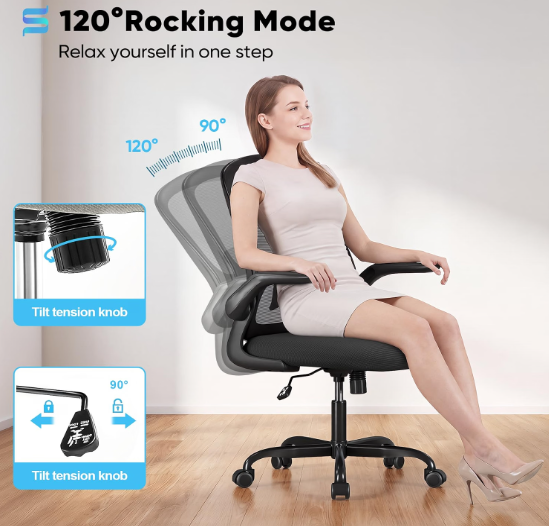 (New Open Box) Sytas Office Chair, Ergonomic Desk Chair with Lumbar Support, Adjustable Height & Flip-Up Armrests, Mesh Computer Chair, Comfy Swivel Chair for Home Office and Guitar Playing, 300 Lbs (Modern, Black)
