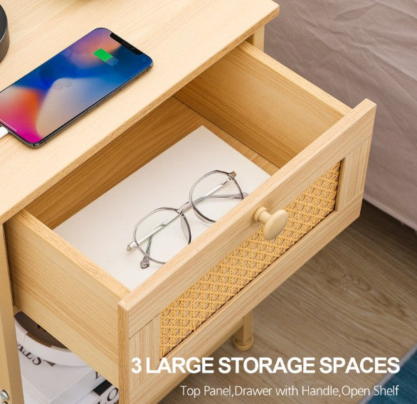 (New Open Box) 🌿🛏️ AMHANCIBLE Rattan Nightstand with Charging Station | HETRDP01BG🔌⚡