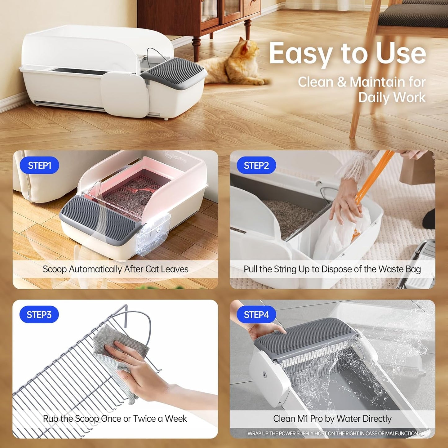 Magic Scoop M1 Pro Automatic Self-Cleaning Cat Litter Box for Multiple Cats,Open-Top, High-Sided, Odor Control, No Scooping, Anti-Stick, Smart App Control, Large Capacity, Litiere Pour Chat Autonettoyant