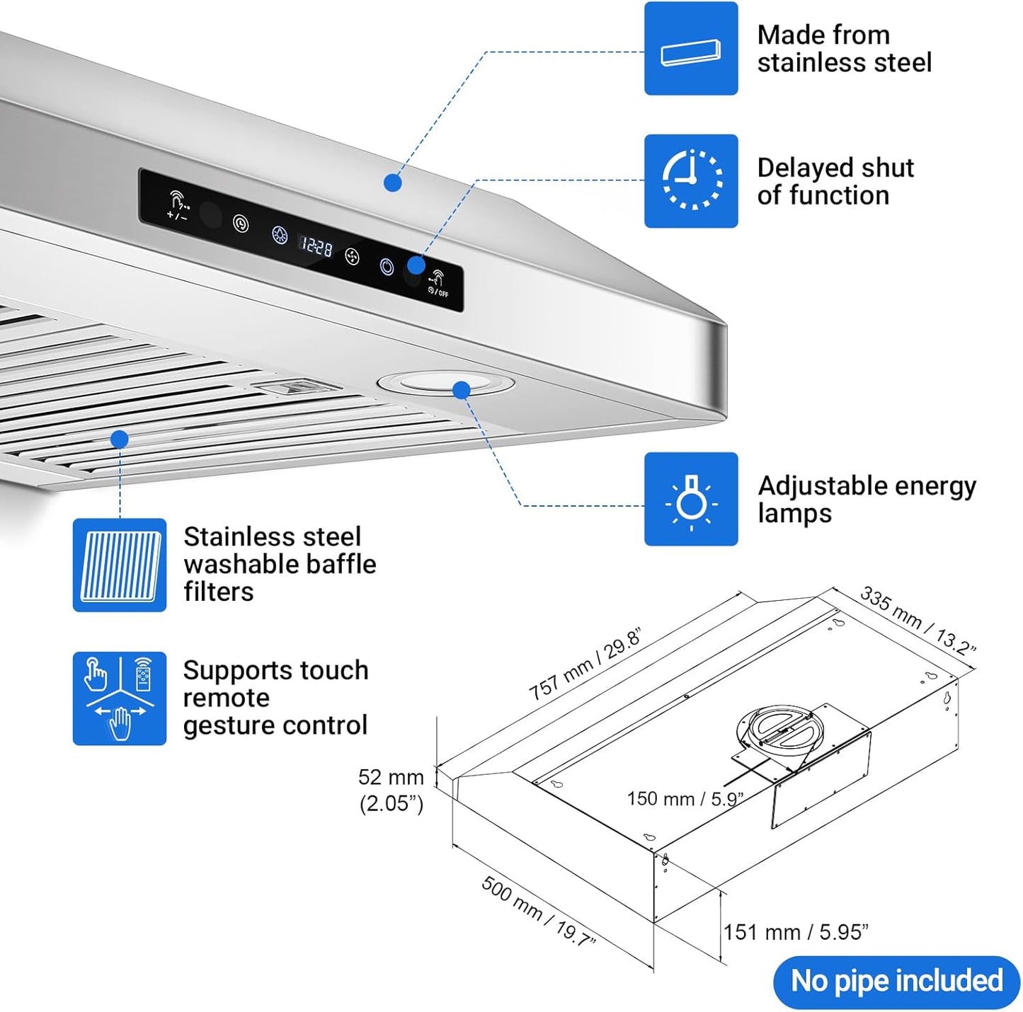 (New Open Box) AMZCHEF (LF0176C1) Under Cabinet Range Hood 30 Inch, 700CFM Stainless Steel Kitchen Stove Vent Hood 3 Speed Exhaust Fan Touch/Remote Control LED lights Time Setting Dishwasher-Safe Baffle Filters
