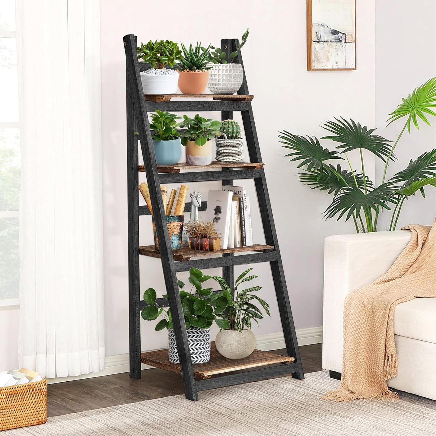 (New Open Box) Ladder Shelf, 4 Tier Ladder Shelves Rustic Solid Wood Ladder Shelf