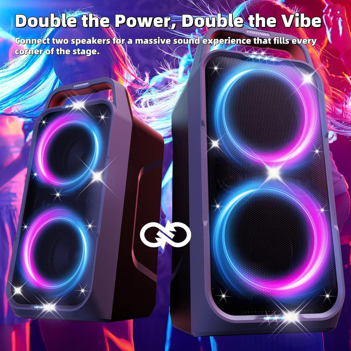 (New Open Box)  Foxdawn Portable Bluetooth Speaker – 240W Peak – Deep Bass – LED Light Show
