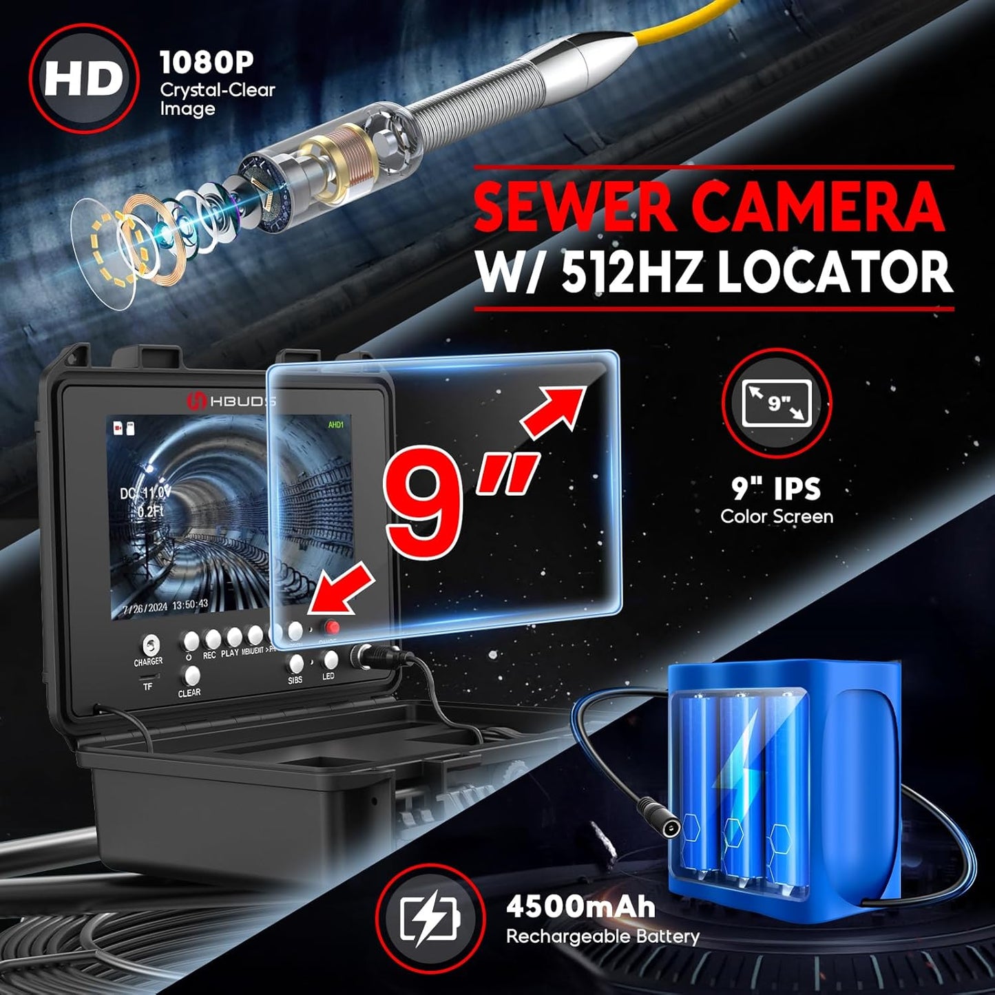 (New Open Box) Hbuds Sewer Camera with Locator – 200ft | Self-Leveling | 1080P HD | 9" Screen |