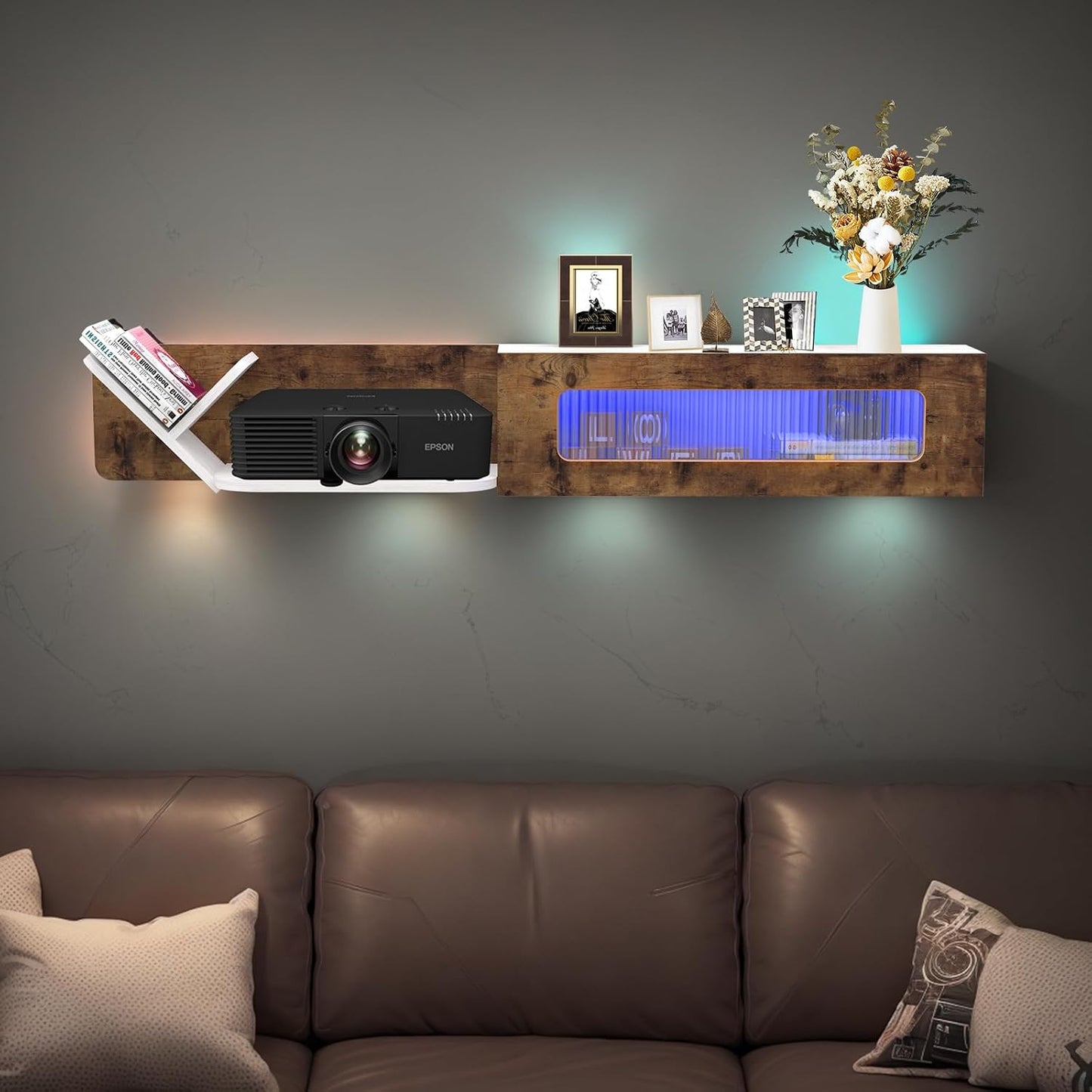 (New Open Box) Pmnianhua Rustic Floating TV Stand with LED Lights,59'' Wall Mounted TV Cosole,Under TV Shelf,Floating Entertainment Center with Glass Door and Storage for Projector,Bedroom Playroom