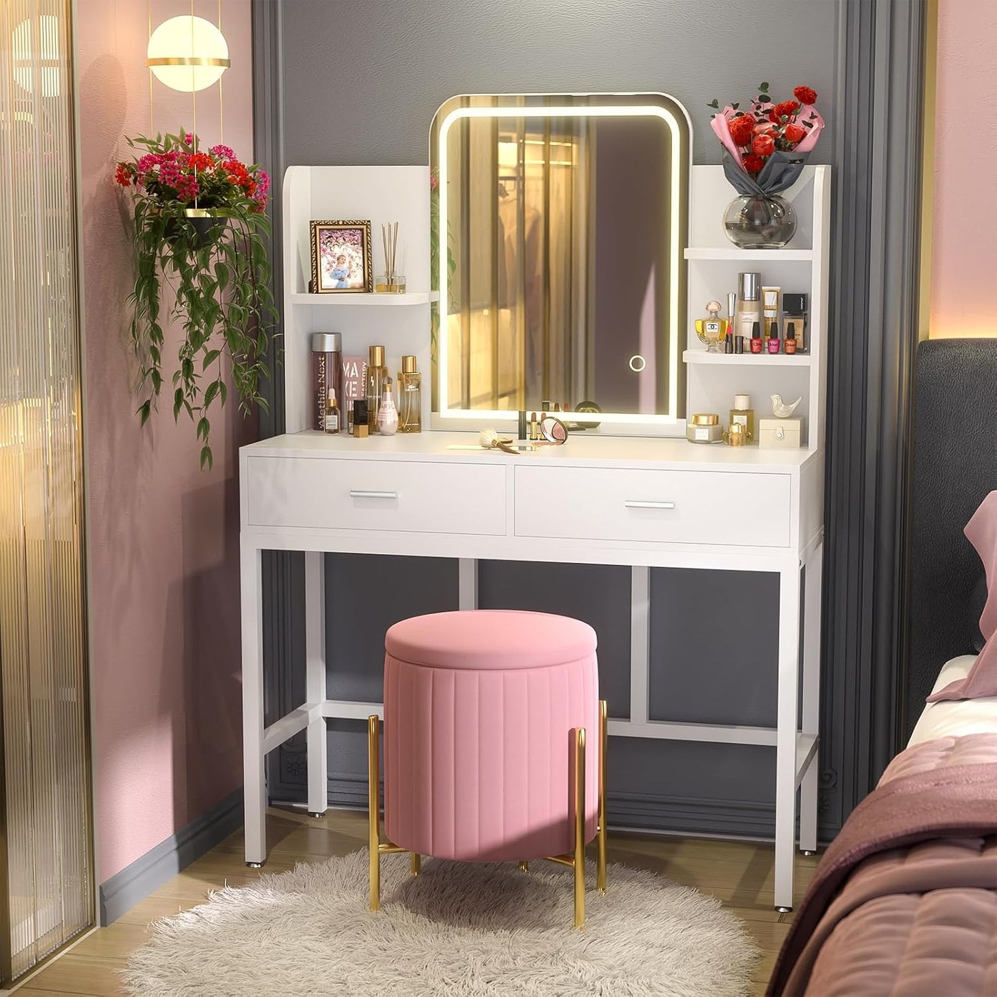(New Open Box) Cyclysio Vanity Desk, Makeup Vanity Desk with Mirrors, Vanity Set with 2 Storage Drawers and Open Shelves, 3 Colors LED Brightness Adjustable Dressing Table, Makeup Desk for Girls and Women, White