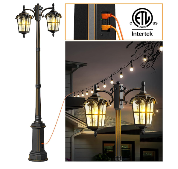 (New Open Box)  Slypadan Black Outdoor Lamp Post Light with GFCI Outlet | Dusk to Dawn
