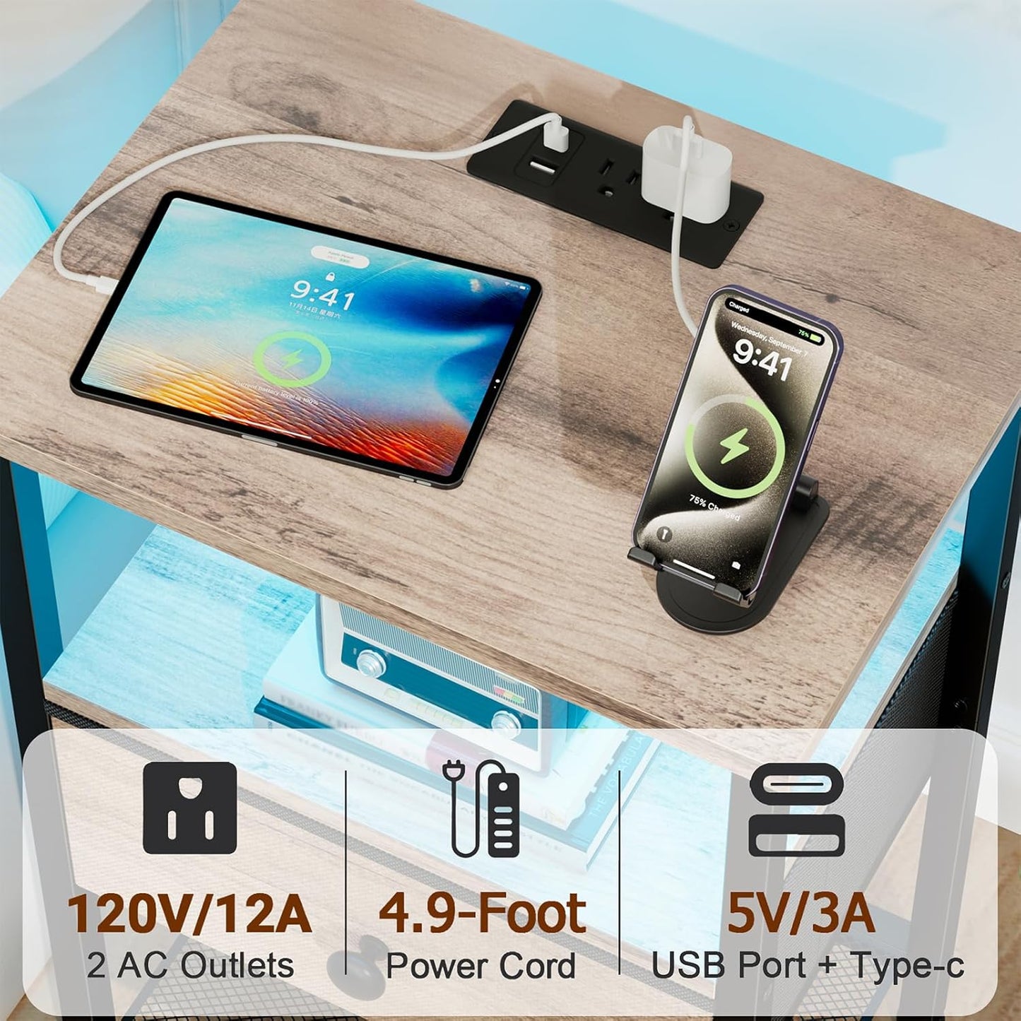 (New Open Box)  LOAKEKEL  Nightstand with Charging Station | LED Bedside Table with Fabric Drawer HETS01GY