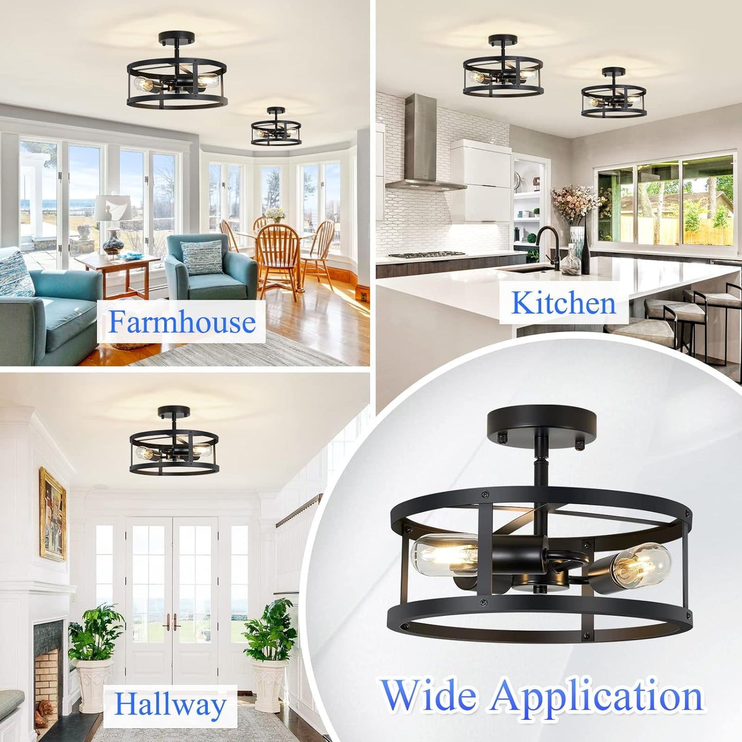 SKEJAO Black Semi Flush Mount Ceiling 3-Light Hallway Light Fixtures Ceiling Mount - New!