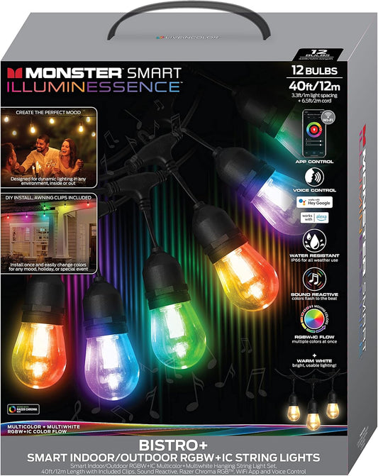 (New Open Box) Monster Smart 40ft Bistro+ Patio String Light, Unique Multi-Color/LED Lighting, Indoor/Outdoor, Waterproof, Customizable Via Downloadable App, Compatible with Alexa/Google Assistant/Siri