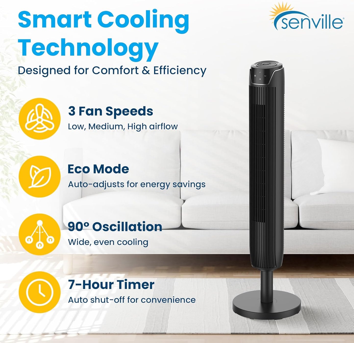 (New Open Box) Senville 42" Oscillating Tower Fan for Bedroom, Remote, Bladeless, Quiet, 3 Modes, 7-Hour Timer, LED Display, Black
