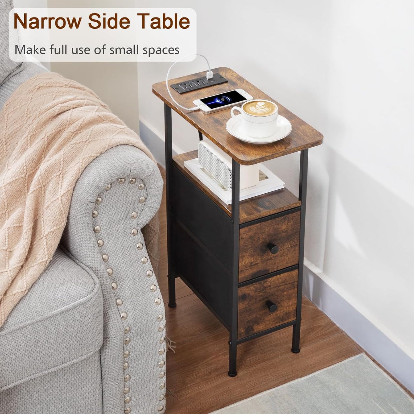 (New Open Box) Narrow End Table Living Room with Charging Station, Side Table with fabric drawer (DS0037)