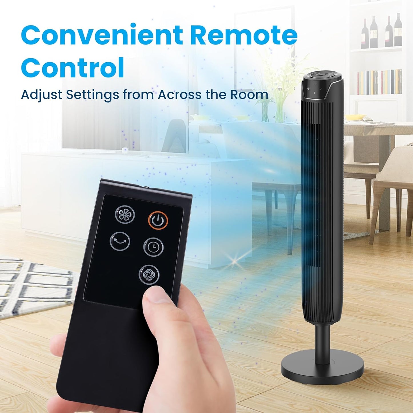 (New Open Box) Senville 42" Oscillating Tower Fan for Bedroom, Remote, Bladeless, Quiet, 3 Modes, 7-Hour Timer, LED Display, Black