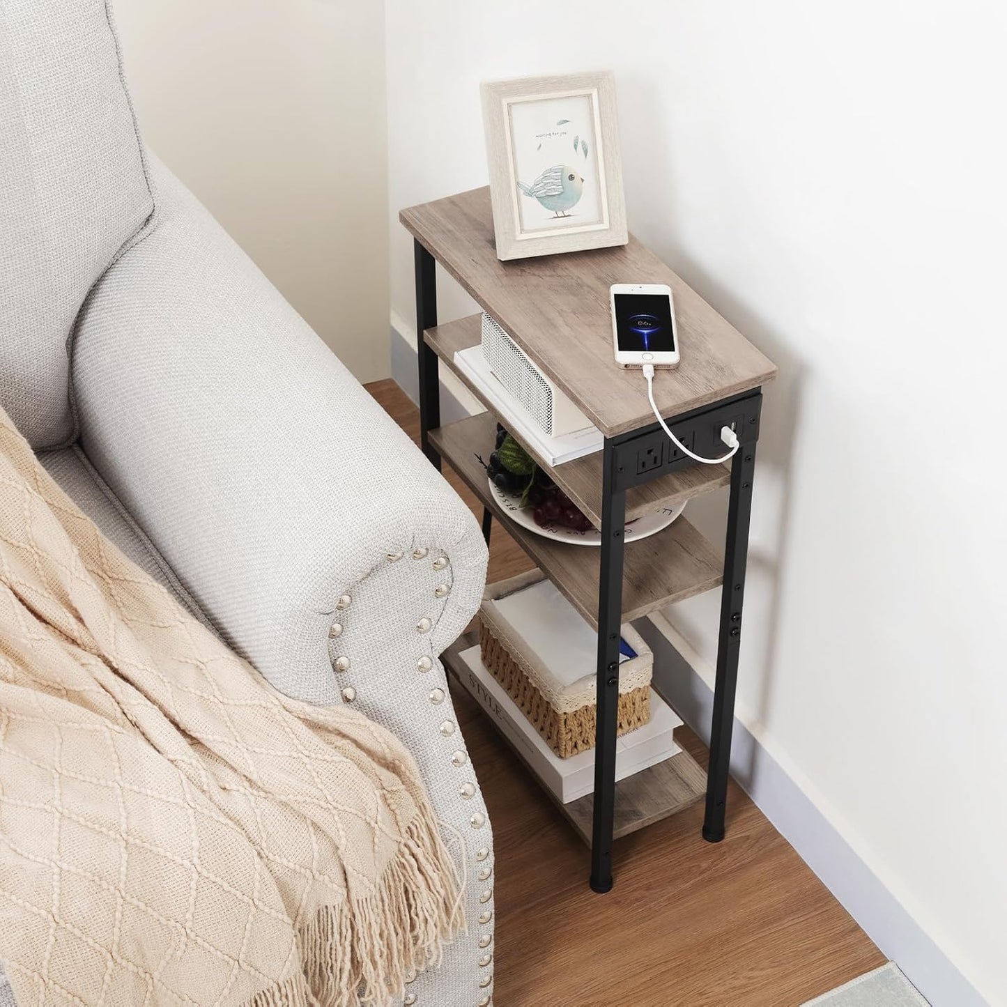 (New Open Box) AMHANCIBLE Narrow Side Table with Charging Station, Skinny End Tables-HETN04GY