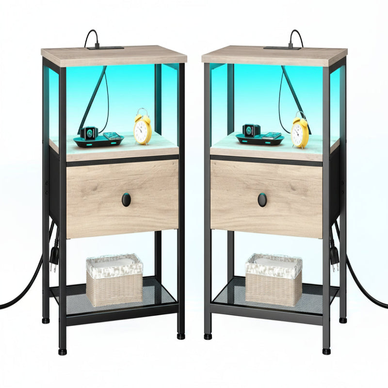 (New Open Box)  LOAKEKEL  Nightstand with Charging Station | LED Bedside Table with Fabric Drawer HETS01GY