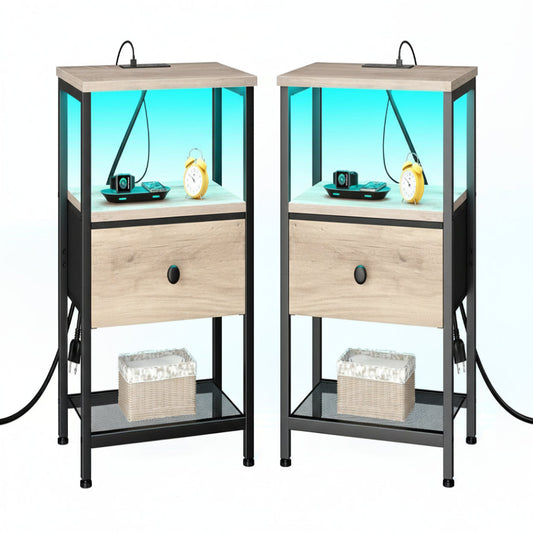 (New Open Box)  LOAKEKEL  Nightstand with Charging Station | LED Bedside Table with Fabric Drawer HETS01GY