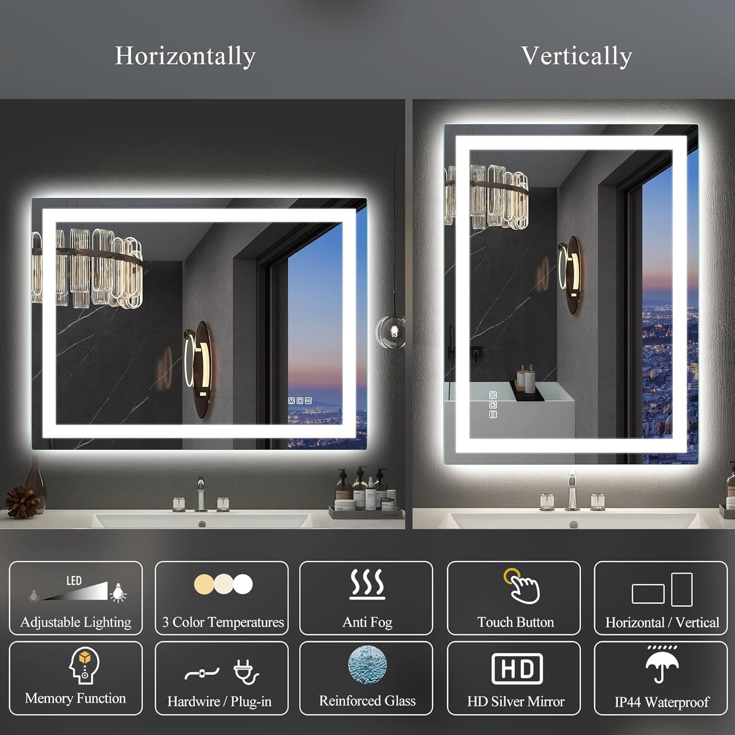 S·BAGNO LED Bathroom Mirror, 3 Colors Lighted Vanity Mirror (different sizes available)