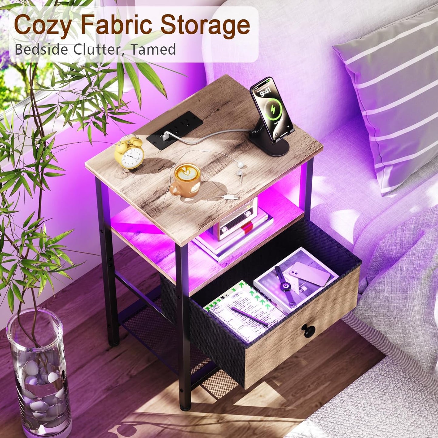 (New Open Box)  LOAKEKEL  Nightstand with Charging Station | LED Bedside Table with Fabric Drawer HETS01GY