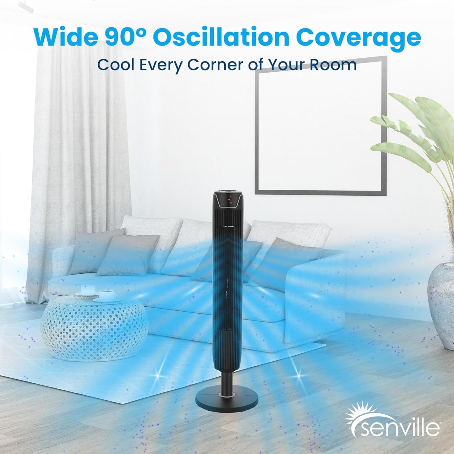 (New Open Box) Senville 42" Oscillating Tower Fan for Bedroom, Remote, Bladeless, Quiet, 3 Modes, 7-Hour Timer, LED Display, Black