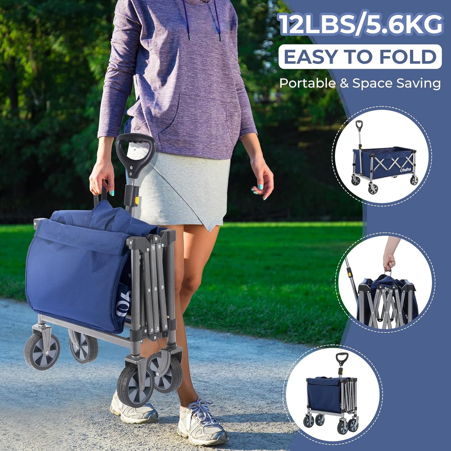 (New No Box) Ohuhu Wagon Cart Foldable Utility Wagons: Ohuhu Collapsible Folding Shopping Carts with Wheels, 85L/330 LB Capacity 600D Oxford Fabric Heavy-Duty Portable Grocery Wagon for Sports Camping Picnic Garden