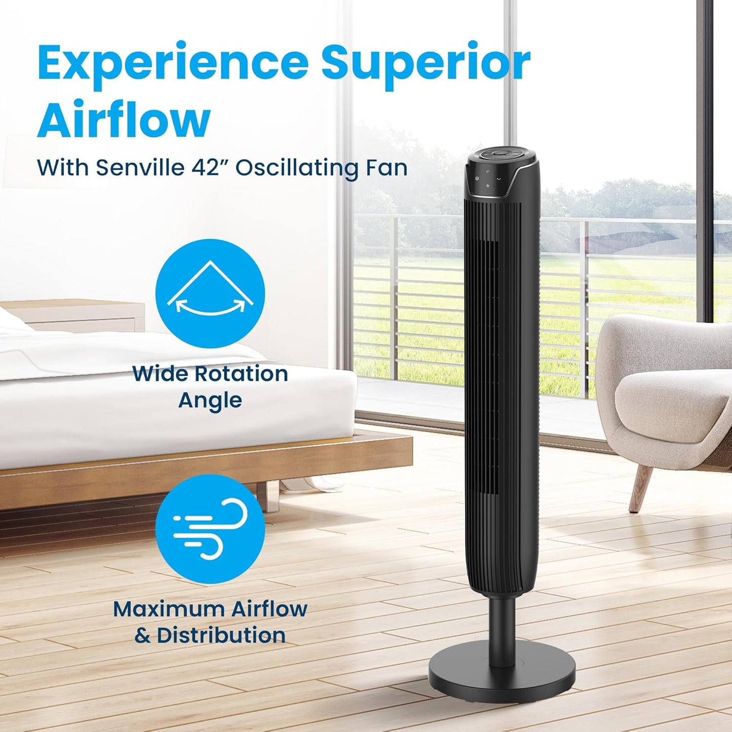 (New Open Box) Senville 42" Oscillating Tower Fan for Bedroom, Remote, Bladeless, Quiet, 3 Modes, 7-Hour Timer, LED Display, Black
