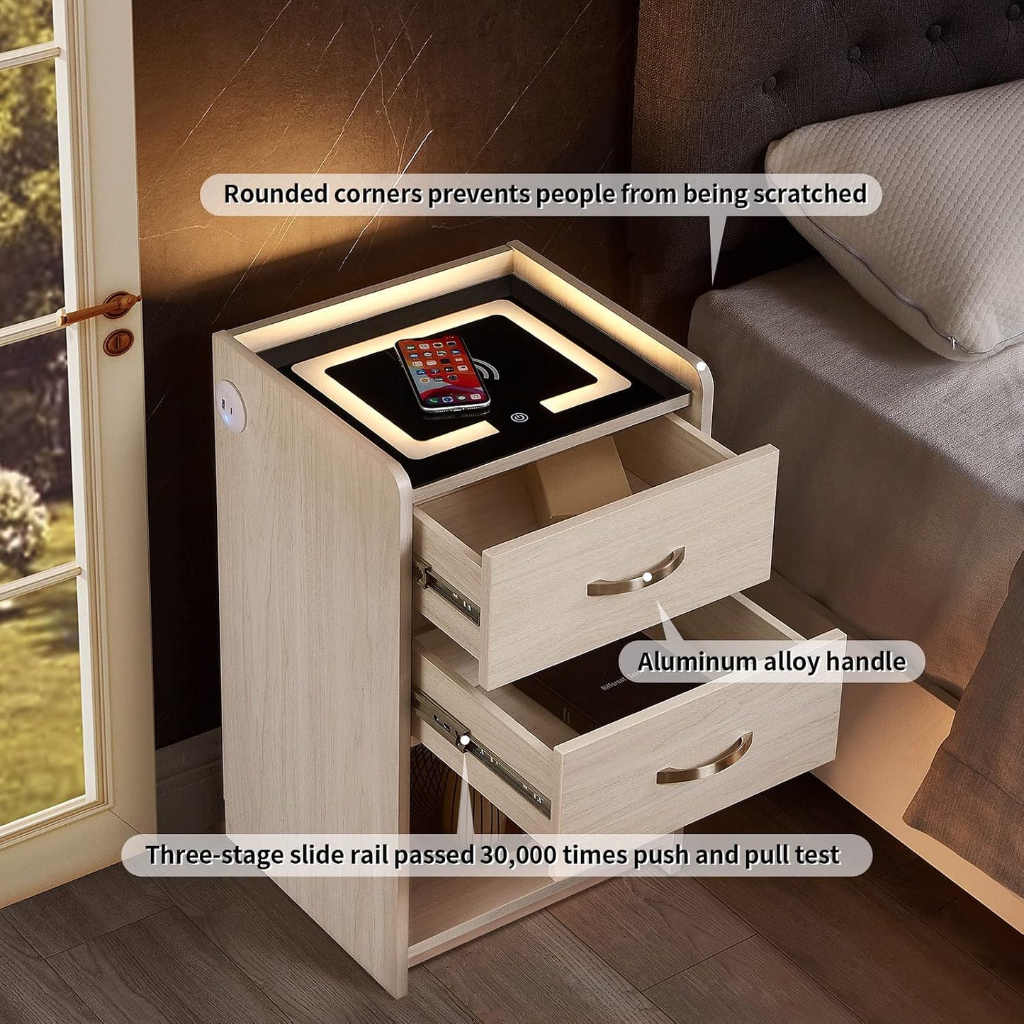 (Brand New) OLD CAPTAIN Nightstand with Wireless Charging Station，Modern Side Table with Drawers and Open Storage Shelf for Bedrooms
