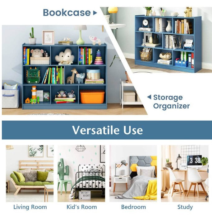 (New Open Box)  8 Cube 3-Tier Open Wooden Bookshelf & Toy Storage Organizer | Anti-Toppling • Blue