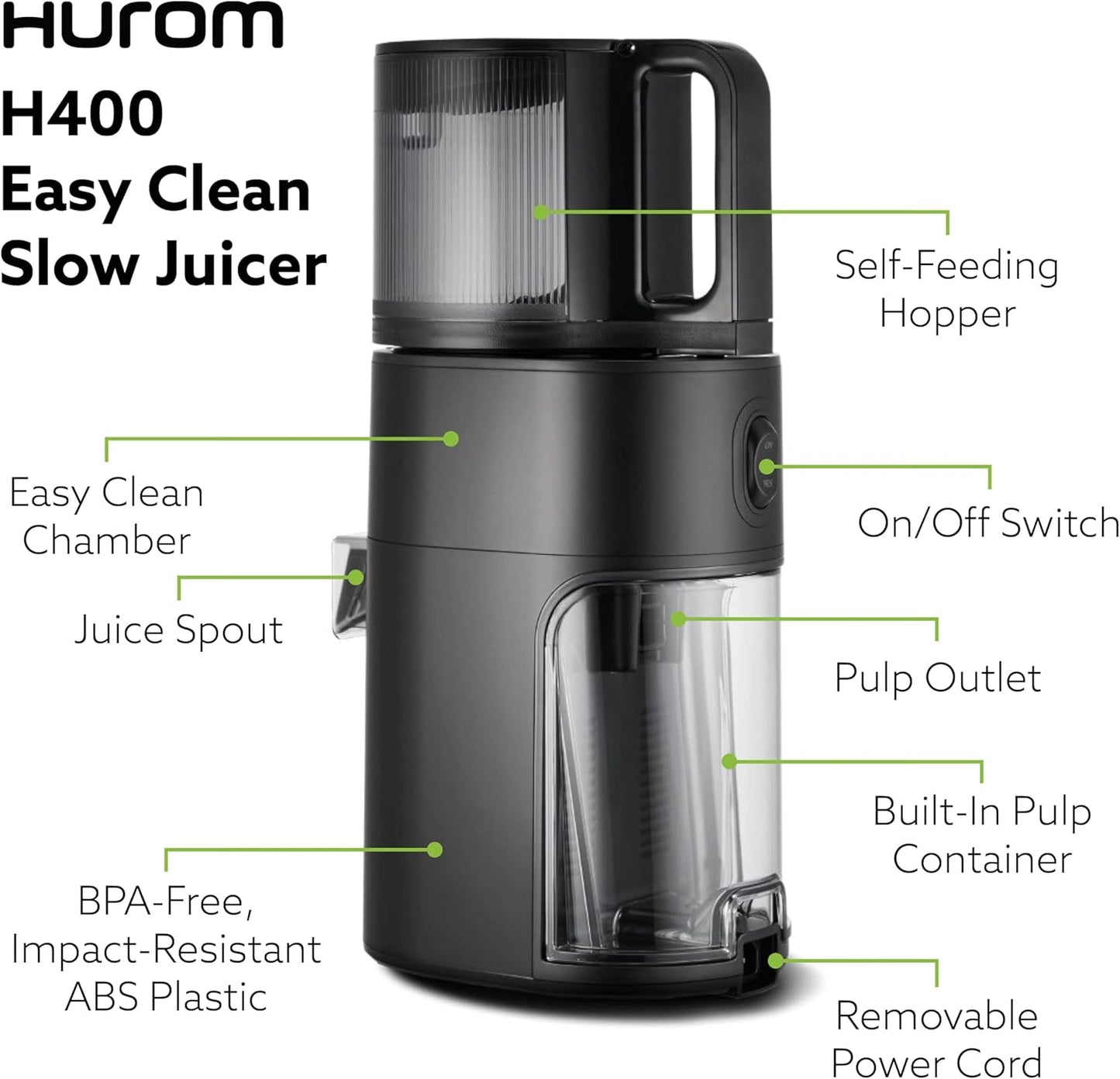 (New Open Box) Hurom H400 Cold Press Juicer Machine, Award Winning Masticating Slow Juicer, Easy to Clean, Strainer & Hands Free with Self Feeding, Wide Mouth Hopper, Easy Assembly (Matte Black)