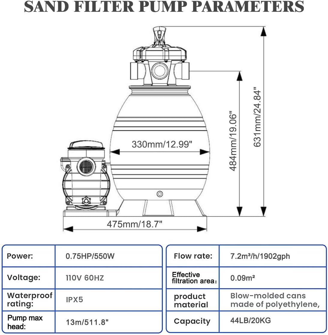 (Excellent) Sand Filter Pump for Above Ground 14" 3000GPH,3/4HP,24 Hour Dual-Mode Intelligent Timing