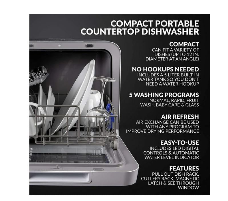 (New Open Box) Farberware Portable Dishwasher with Built-In Water Tank with Baby Care and Fruit Wash Settings in White w/ 6-Place Setting Capacity, FDW05ASBWHA