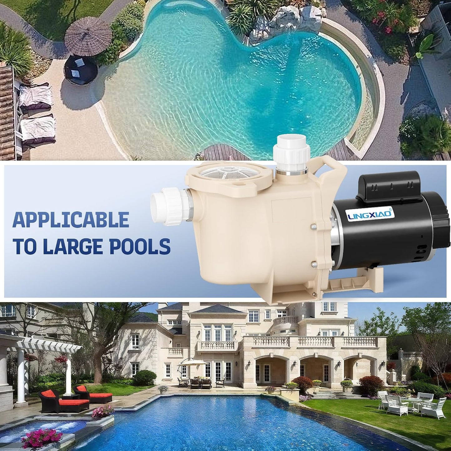 (New Open Box) LINGXIAO 1.5 HP Pool Pump, 6815 GPH High Flow Self Priming, 115V/230V, Low Noise, Above/Ground with Filter Basket, 2"/1.5" Fittings