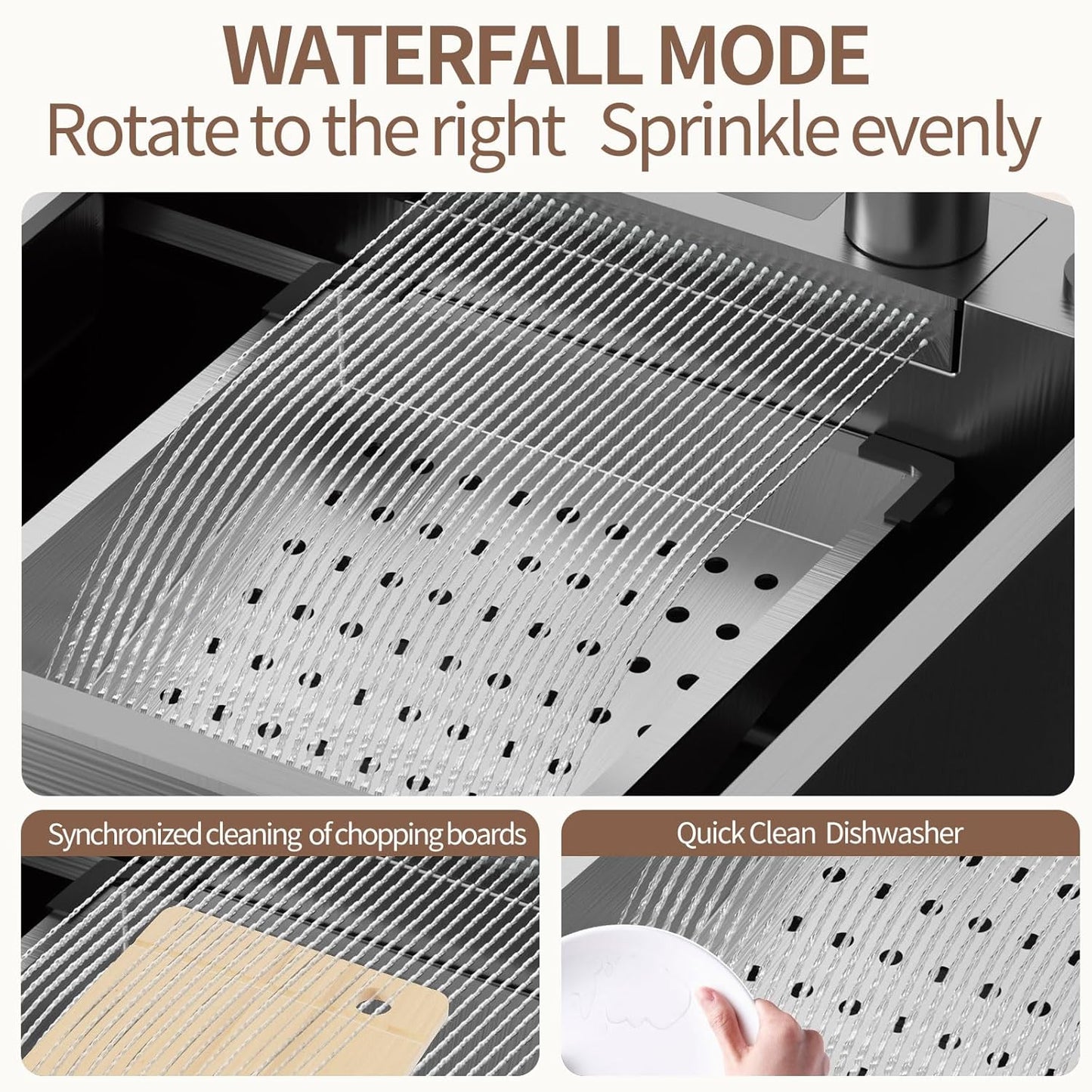 (New Open Box) Muiceon Black-Grey Nano Kitchen Sink with Waterfall 33x19x9 Inch