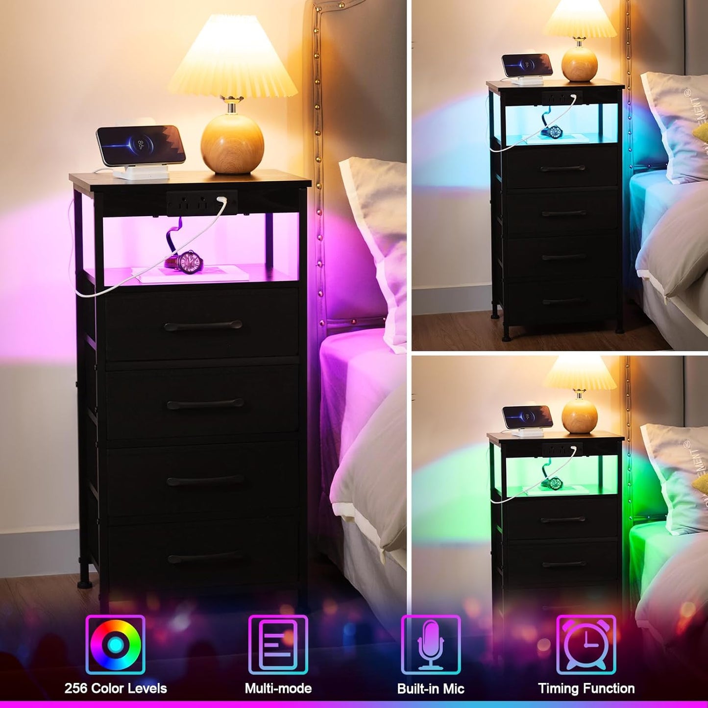 (New Open Box) AMHANCIBLE C Shaped End Table with Charging Station, TV Tray Set of 2 with Storage, Couch Tables That Slide Under, Sofa Table for Living Room, Bedroom BST004BK