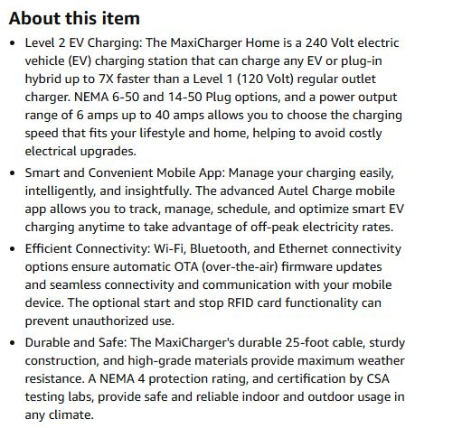 (New Open Box) Autel MaxiCharger Home Smart Electric Vehicle (EV) Charger, 40 Amp Level 2 Wi-Fi and Bluetooth Enabled EVSE, Indoor/Outdoor Car Charging Station, with in-Body Holster and 25-Foot Cable（6-50 Plug）