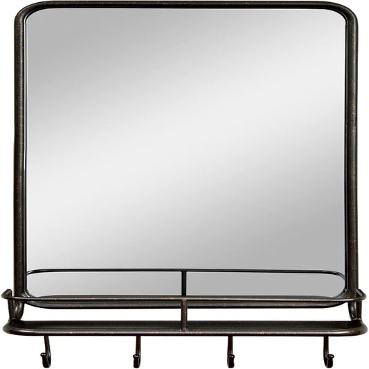 (New Open Box) 33" x 19" Rectangle Vintage Mirror, Wall Mirror w/Shelf & 4 Hooks, Metal Frame & Round Corner, Farmhouse Wall Mirror for Bathroom, Living Room, Entryway (Black &Coppery Speckles)