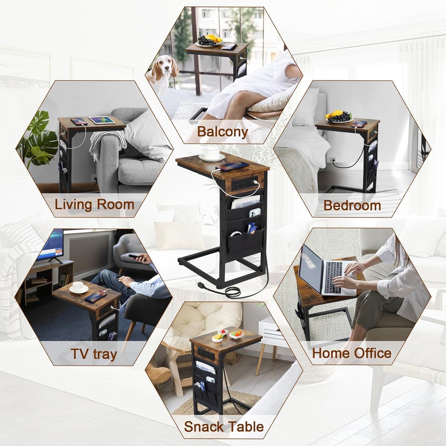 (New Open Box) AMHANCIBLE Couch Table, C Shaped End Table with Charging Station, TV Tray, Side Table with Storage for Couch, Sofa Table for Living Room HET04CBR-1