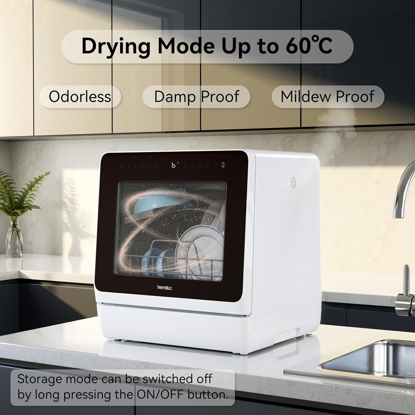 (New Open Box) Hermitlux Countertop Dishwasher, 7 Washing Programs Portable Mini Dishwasher